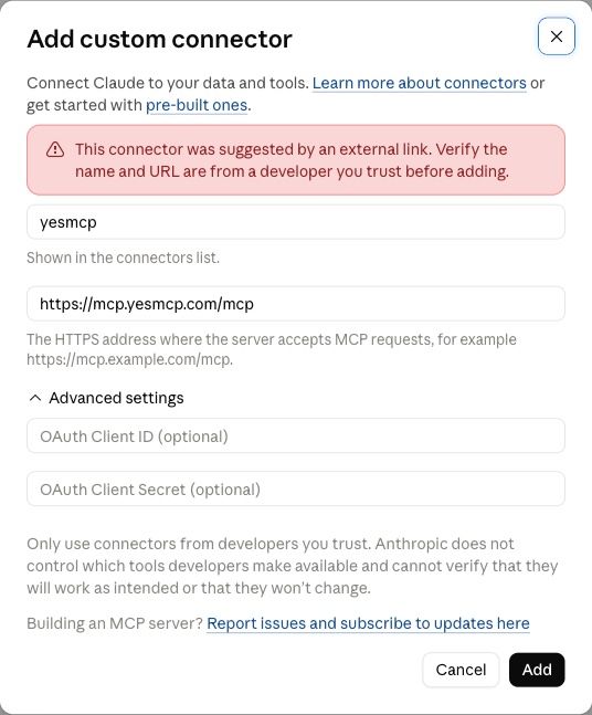 The Add custom connector dialog opened by the button: name and URL already filled in