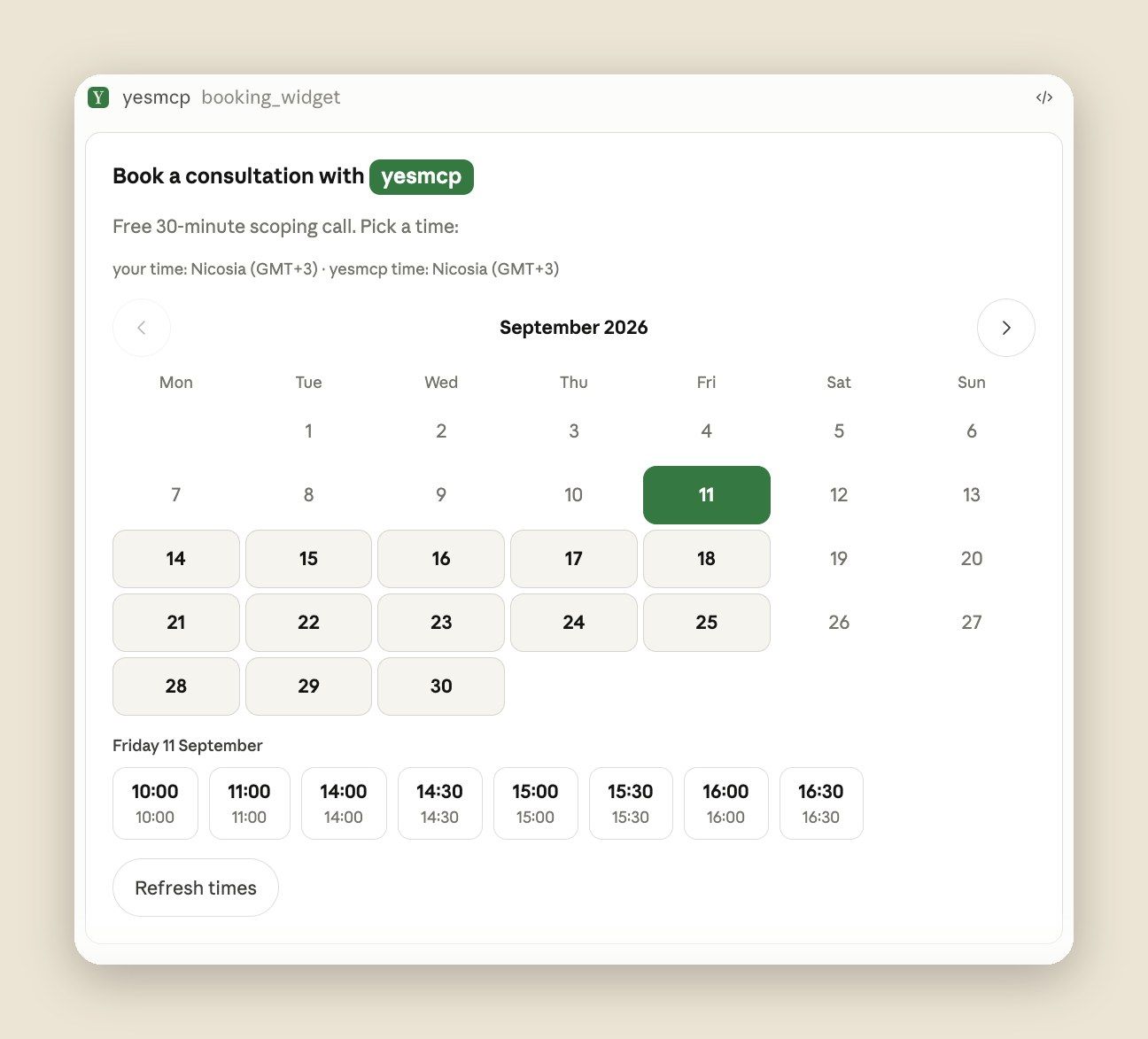 Claude chat: the booking calendar card with a month of live consultation windows