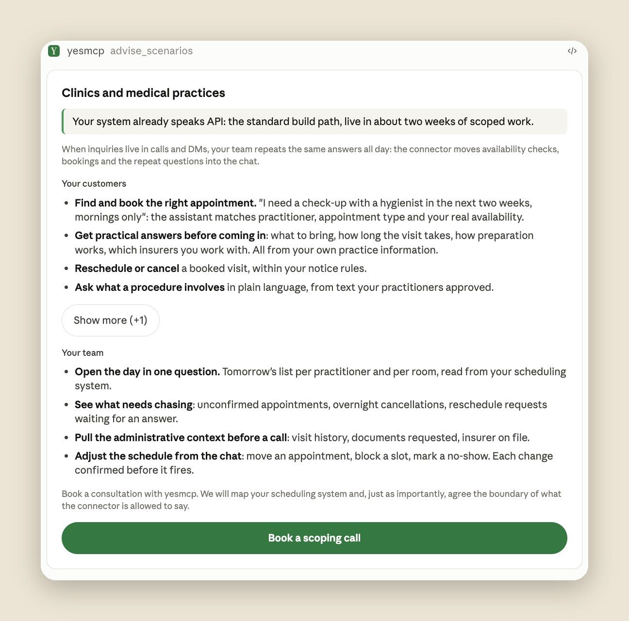 Claude chat: the scenario map card for a dental clinic, with a verdict and a Book a scoping call button