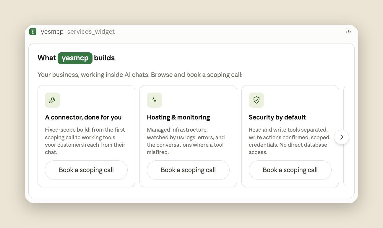 Claude chat: the yesmcp services cards with in-card booking
